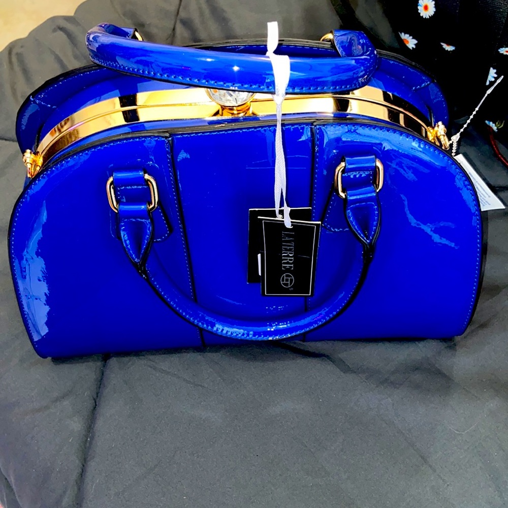 Glossy Blue& Gold Hand Bag